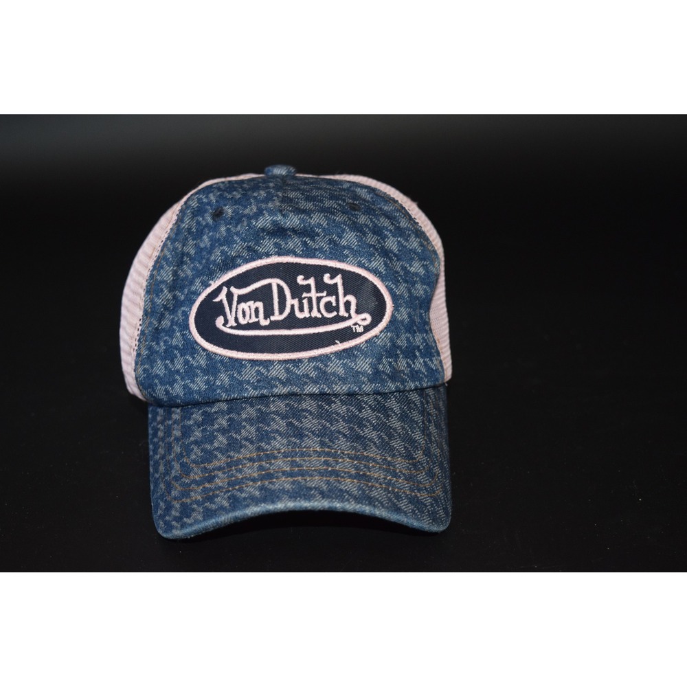 Von Dutch Trucker Hat Women OS Blue Pink Excellent Denim Mesh Y2K Snapback Cap